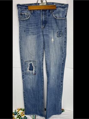 Aeropostale Men's Essex Straight Leg Light Blue Distressed Denim Jeans Patchwork